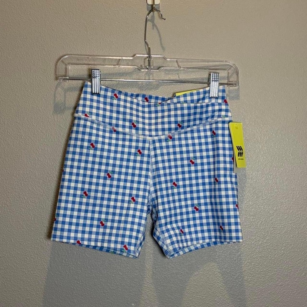 All in Motion Girls Blue Gingham Cherry Crossover Waistband Bike Shorts L 10/12